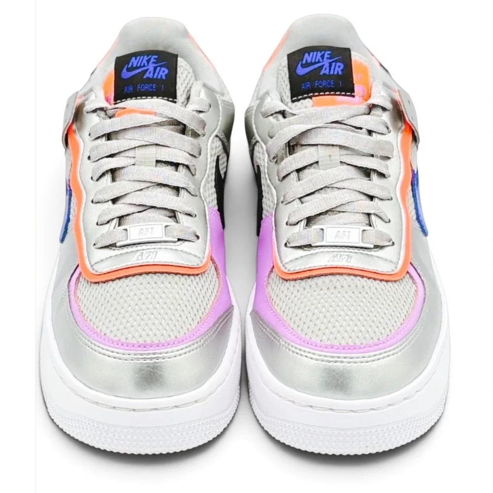 Nike Air Force 1 Shadow Women 9.5 Metallic Silver Pink Blue Shoes CW6030-001 AF1